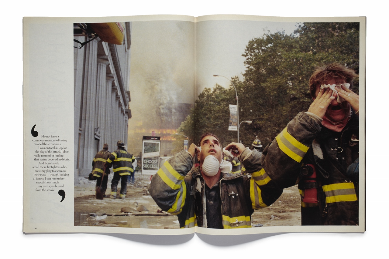 An open book with a quote on the side. An image of firefighters and rubble is the focus.