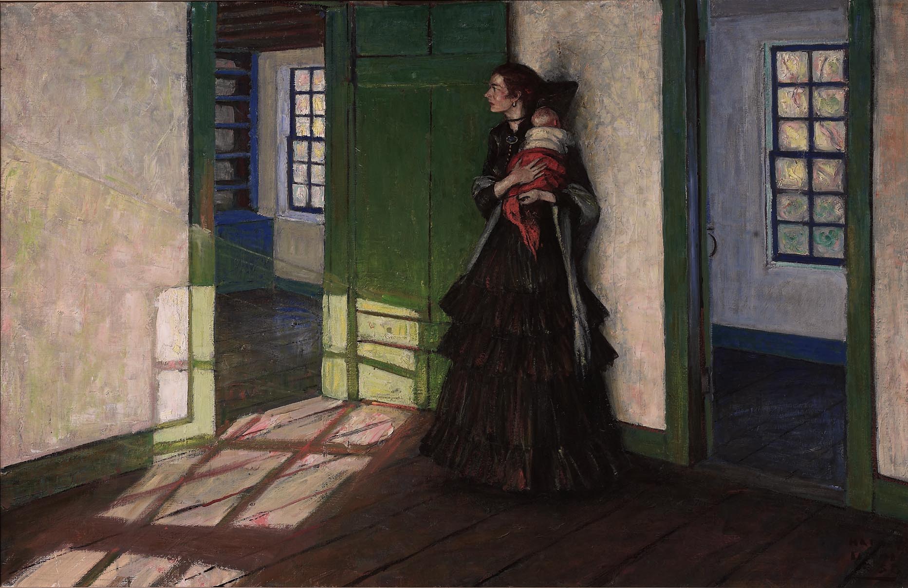 A woman in an empty house wearing a dark dress clutching a baby to her shoulder.