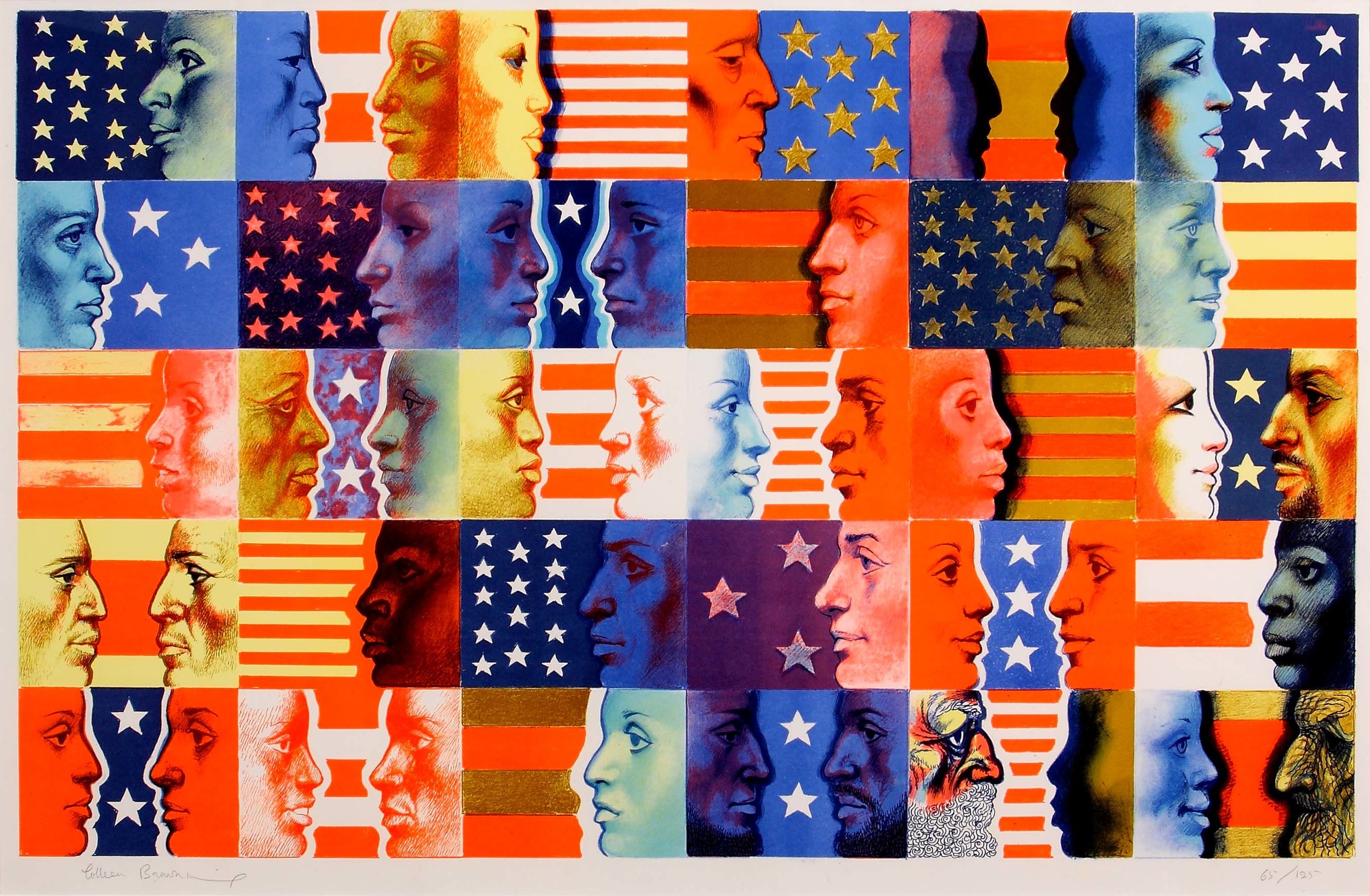 The sides of different faces in squares against stars and stripes.