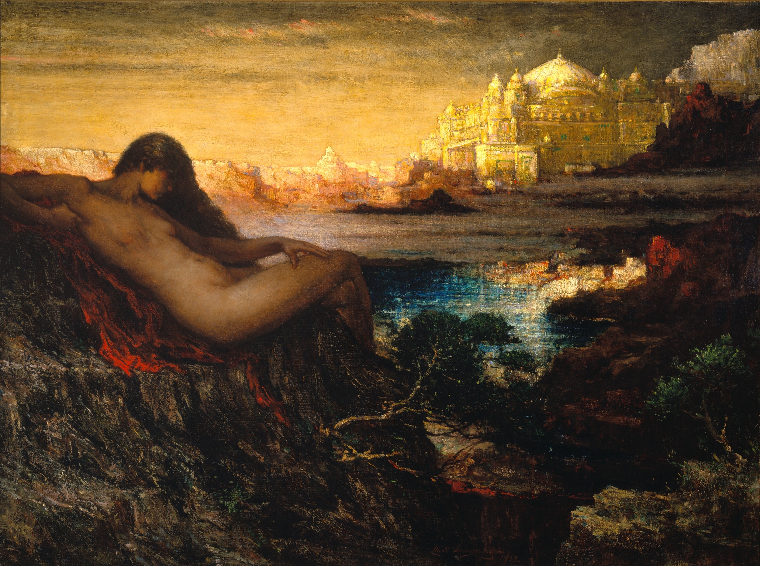 A naked woman on a dark hillside with a golden castle in the background.