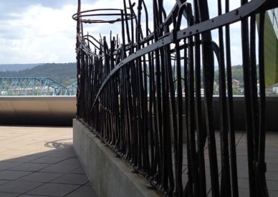 An iron sculpture made of different bars on the balcony of the Hunter Museum.