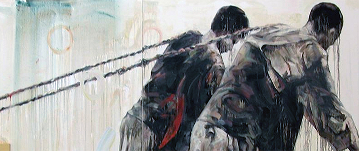 Painting of two people with ropes pulled over their shoulders. Paint drips off them.