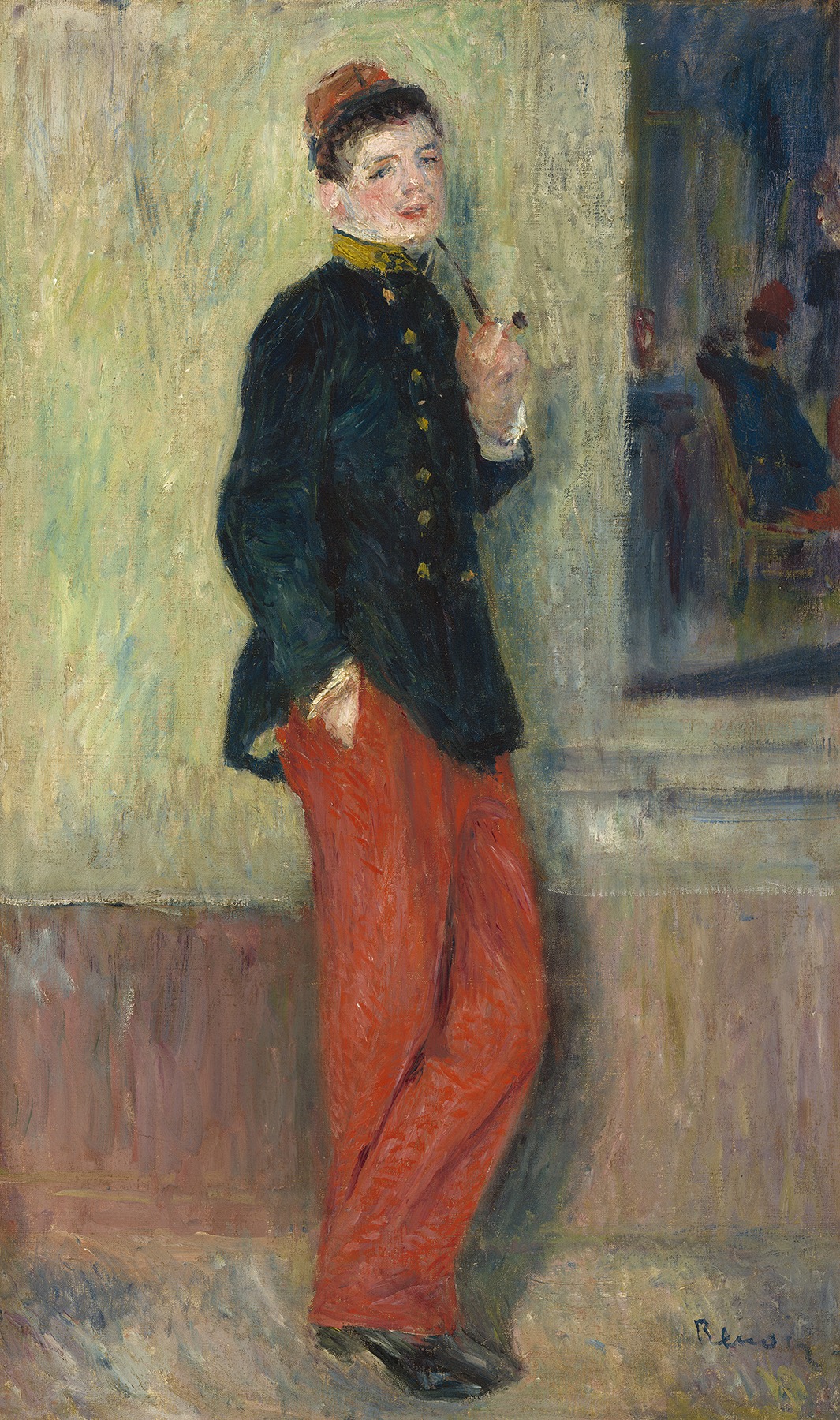 Painting of a boy in uniform propped against a wall with a pipe in his hand.