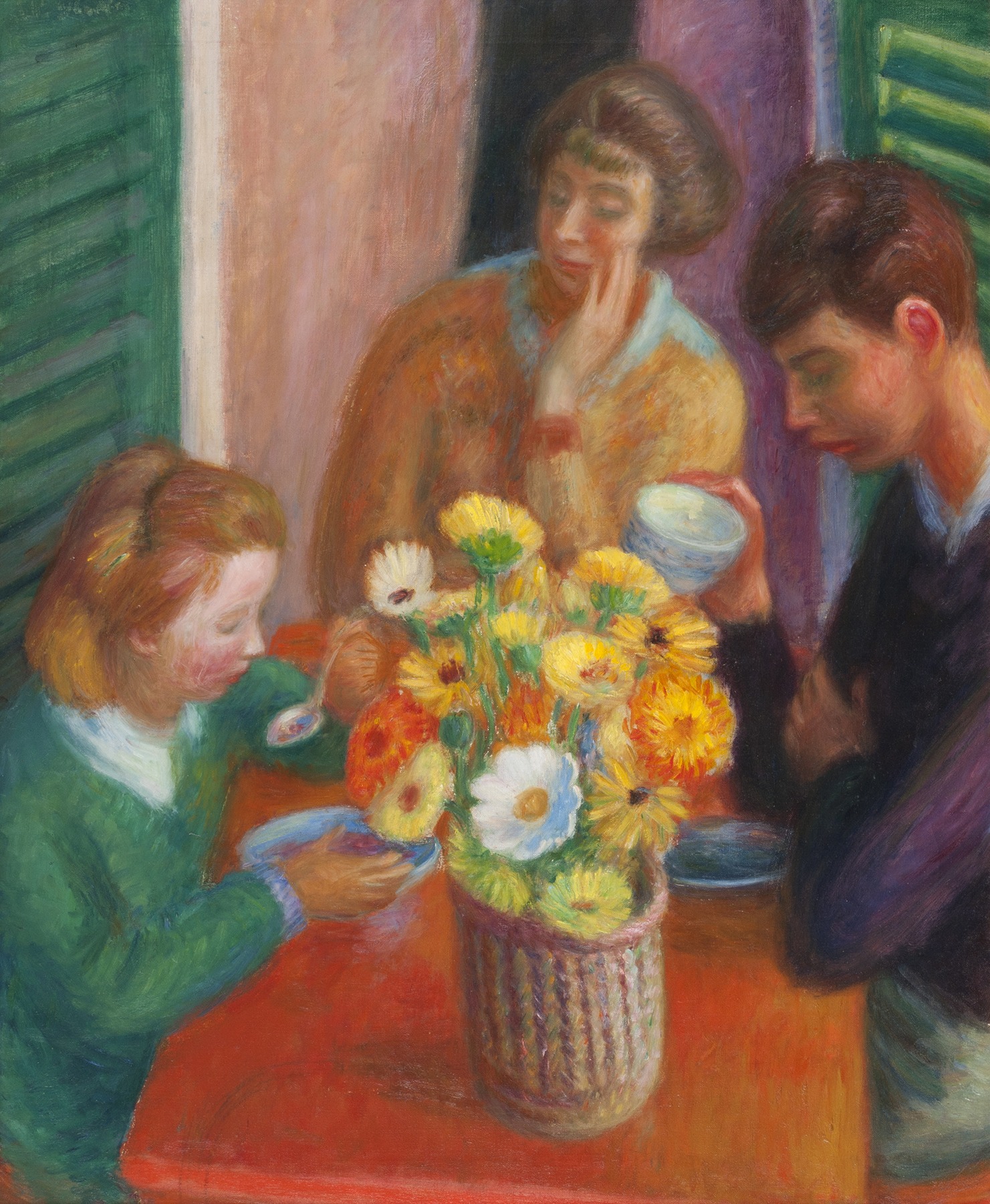 Painting of a family gathered around a table eating with a bouquet of yellow flowers in the middle.