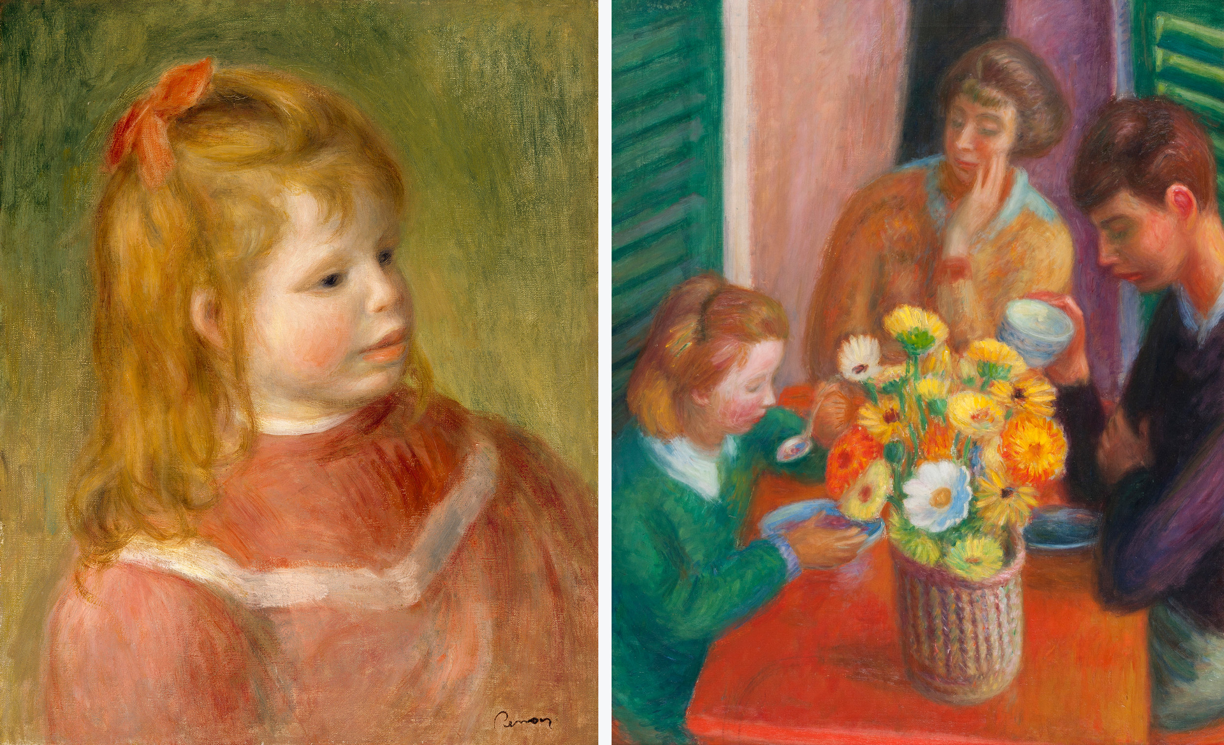 On the left is a painting of a young girl in a pink dress. On the right is a family at a table with a bouquet of flowers in the middle.