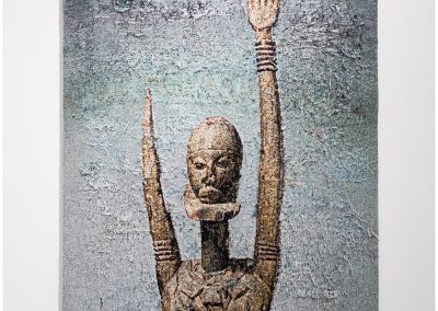 Painting of a sculpture of a person with an elongated neck and arm.