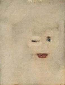 Beige background with a eyes and red lips. The face is winking.