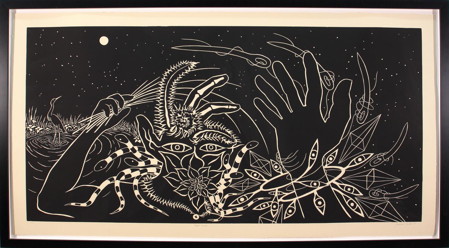 Linocut illustration of a person's face and hands with twisting snakes, eyes, flowers, and diamonds. To the side is a heron in water and the background is the night sky.