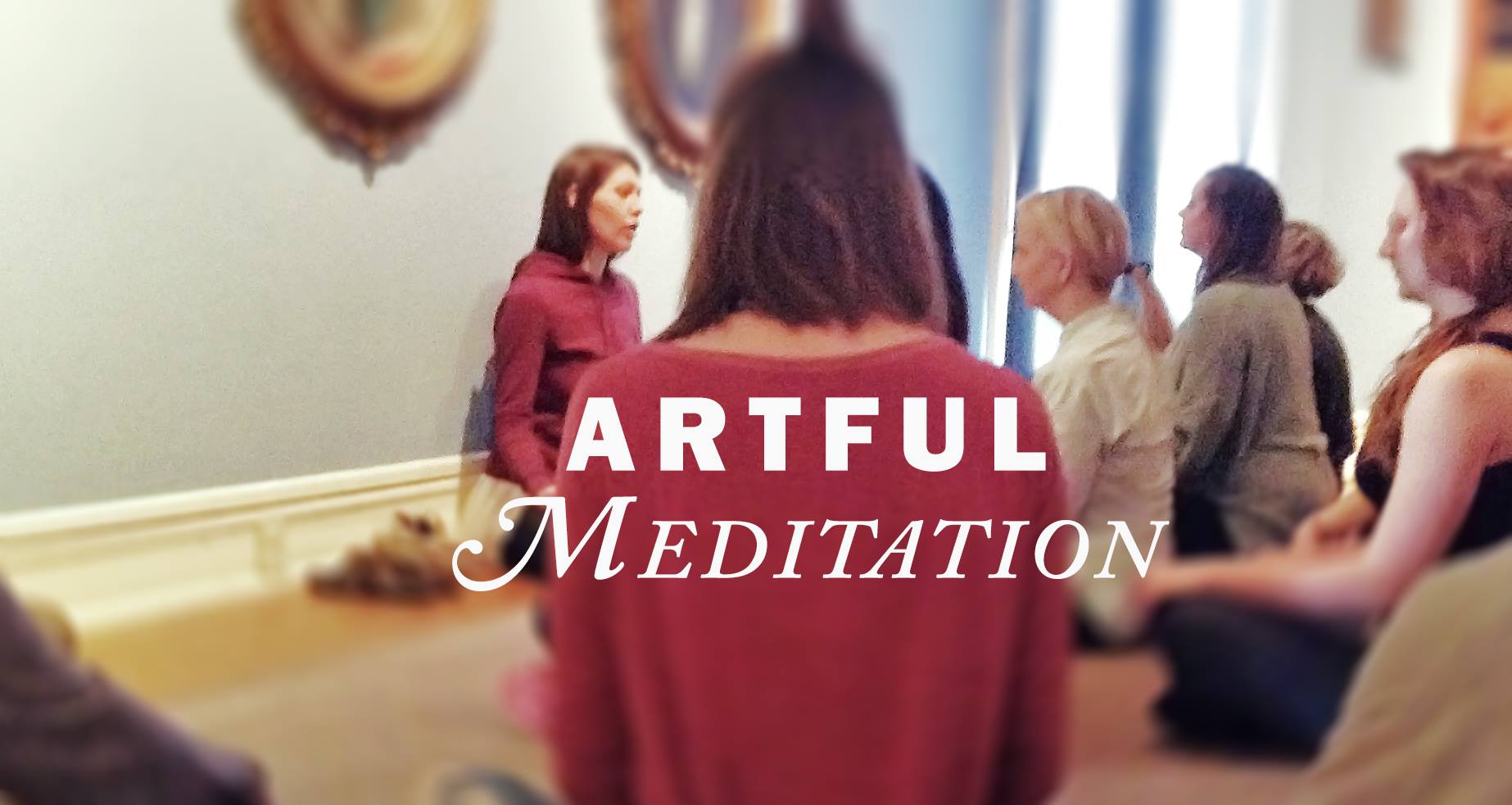 People seated in a gallery room with the text, "Artful meditation."