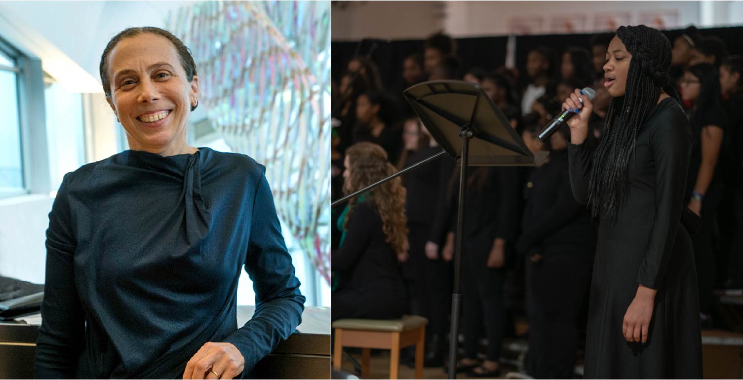Two images of speakers. One of a woman leaning against a wall in the Hunter Museum lobby and another singing with other choral members in the background.