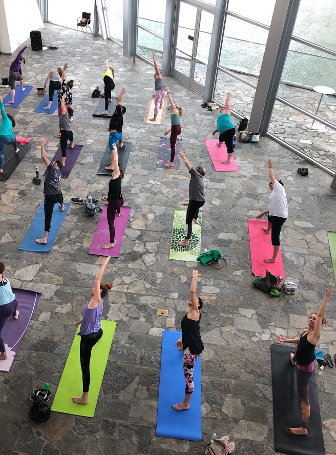 Overhead view of people doing yoga in the lobby of the Hunter Museum.