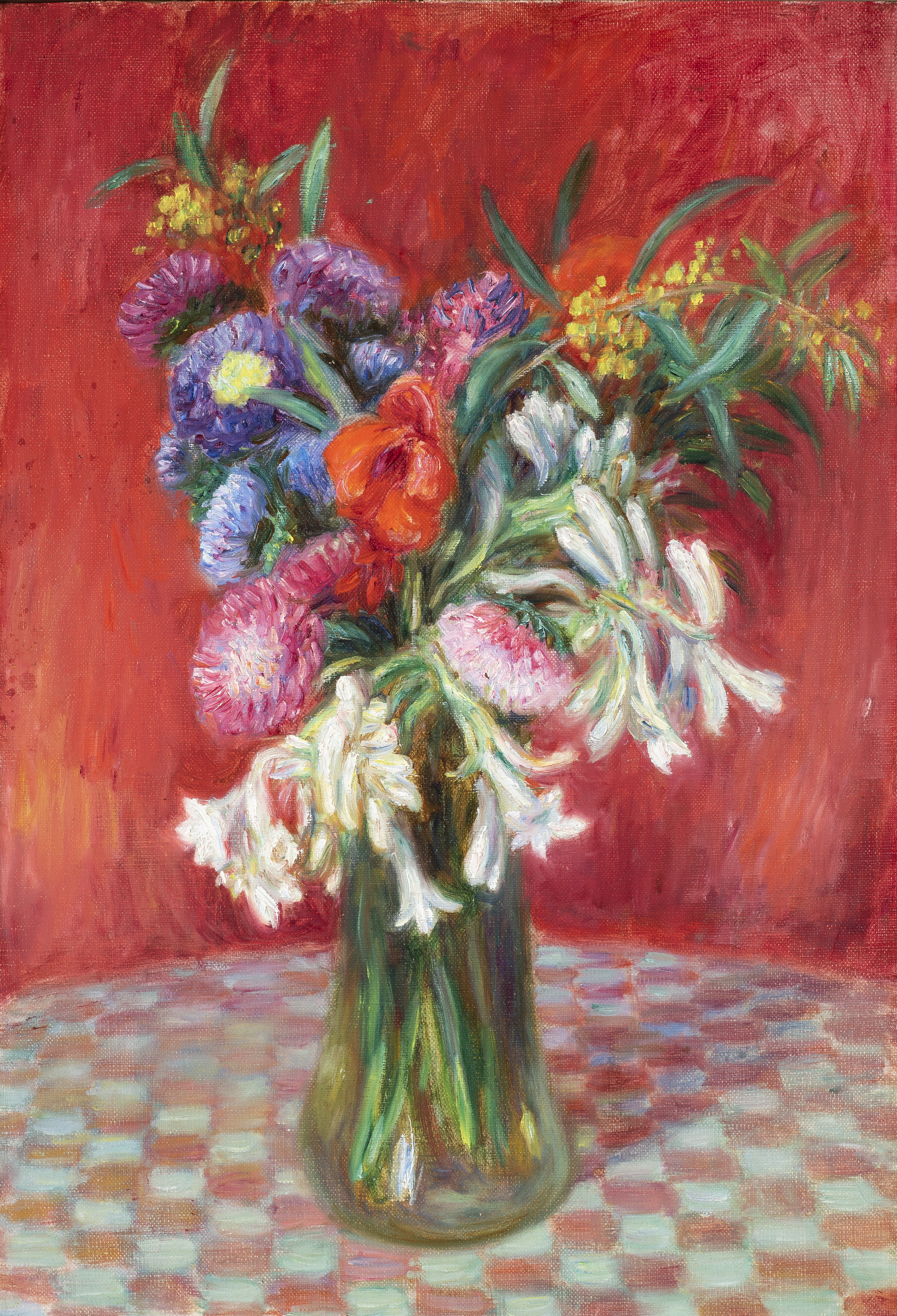 Painting of vase of flowers on a table that captures light and color.
