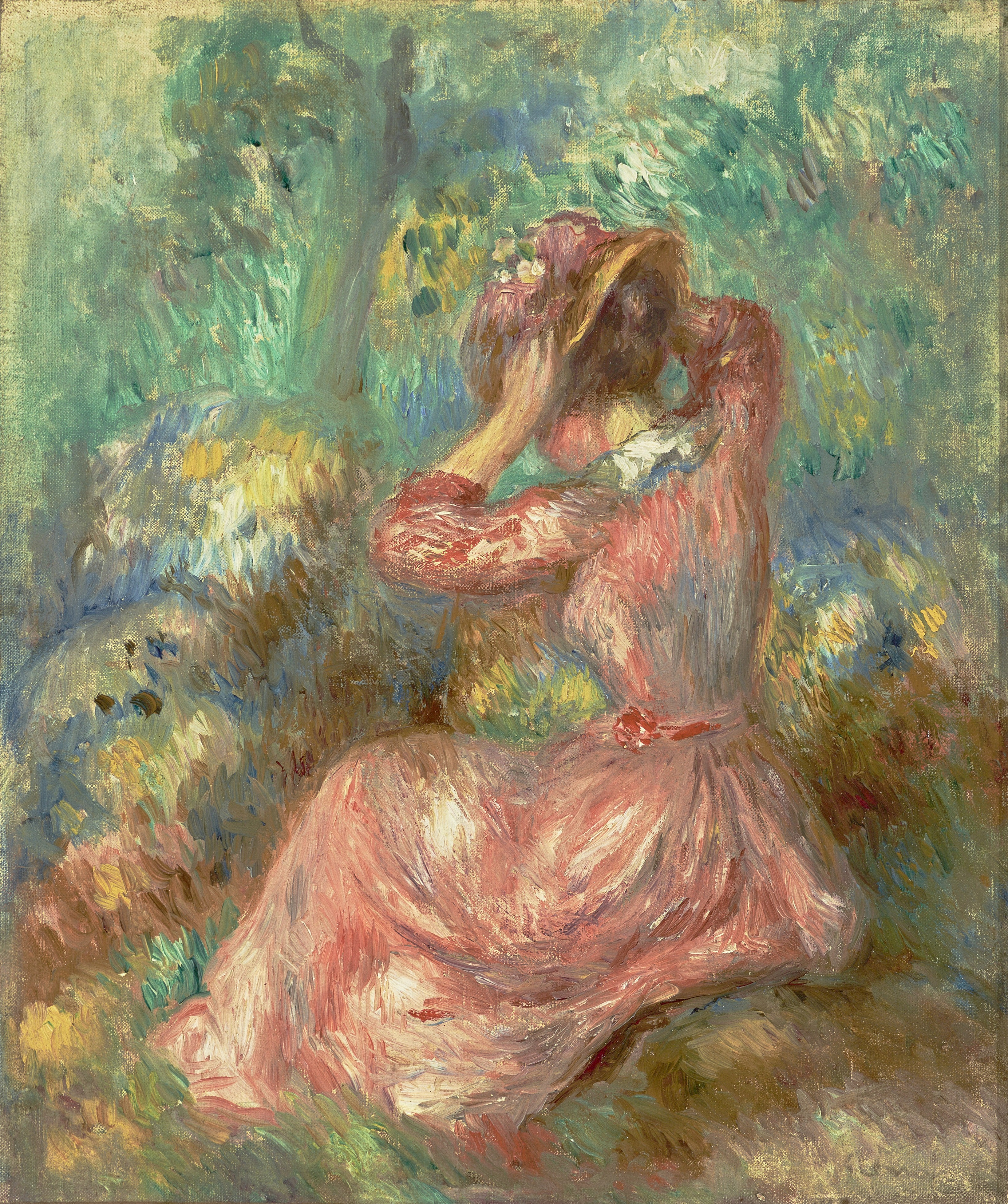 Impressionistic painting of a woman in a pink dress wearing a hat sitting on the ground.
