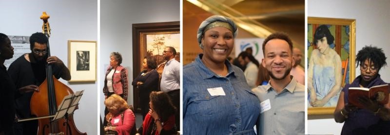 Four photos from Black Professionals at the Hunter events. On the left is a man playing cello, then a group of people in a gallery, two people smiling at the camera, and finally a woman reading from a book with art behind her.
