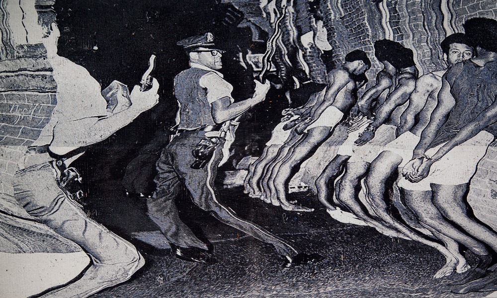 Die Leitung by Noel W. Anderson - black and white image of officers searching men in an alley that has been distorted.