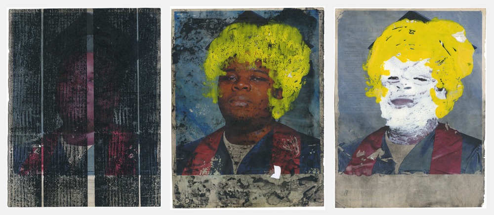 Three graduation images of a Black man. The second image adds a mop of yellow hair on his head. The third progresses to painting his face white.