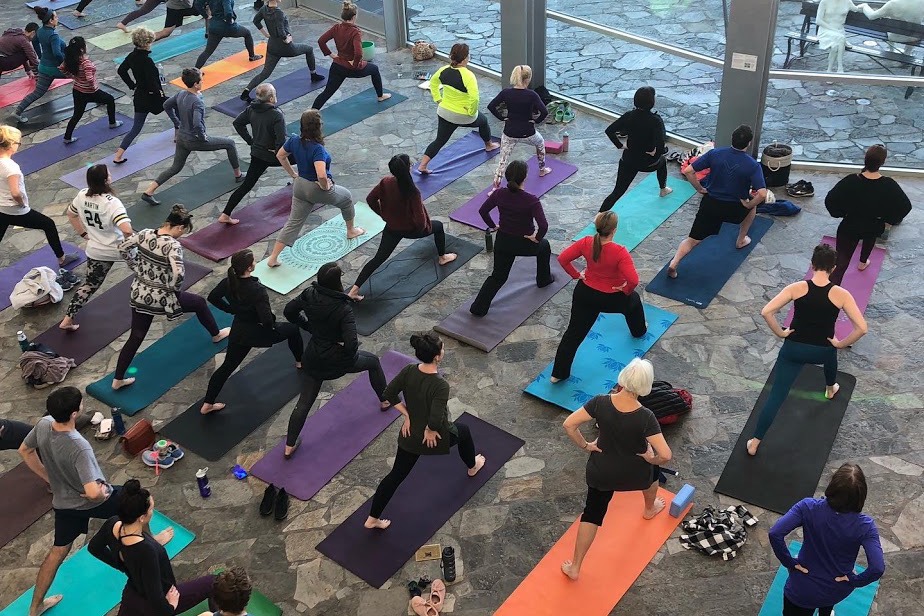 A large group of people stand in a high lunge during a yoga class. The picture is taken from above.