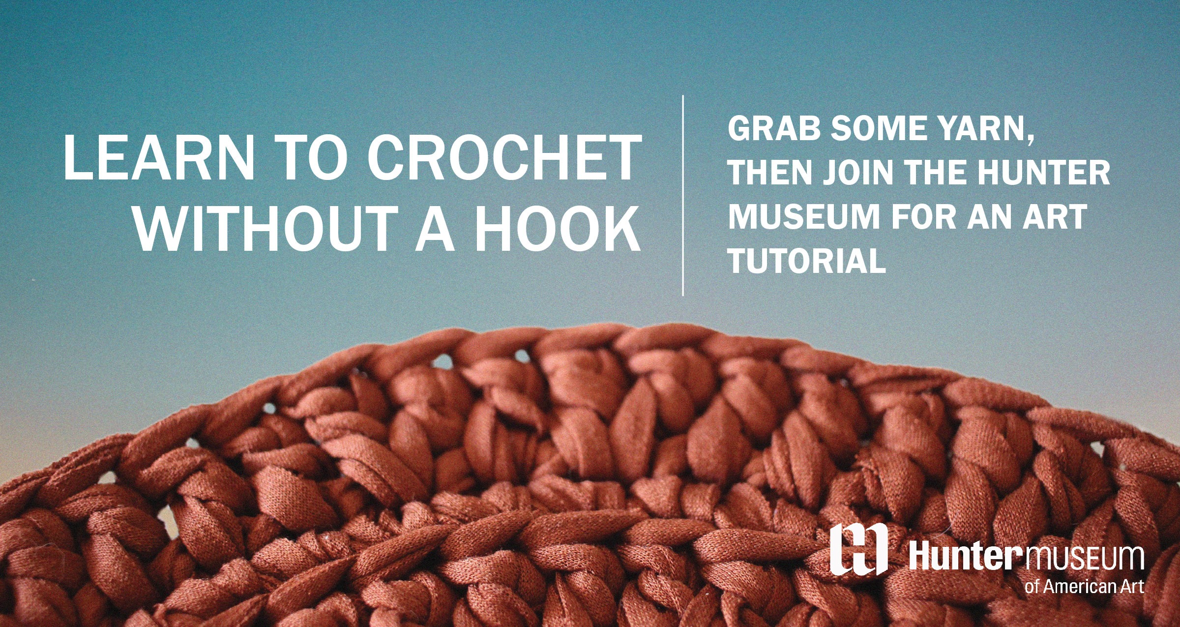 Image is blue with the edge of a crochet doily in lower half. Text reads, "learn to crochet without a hook."