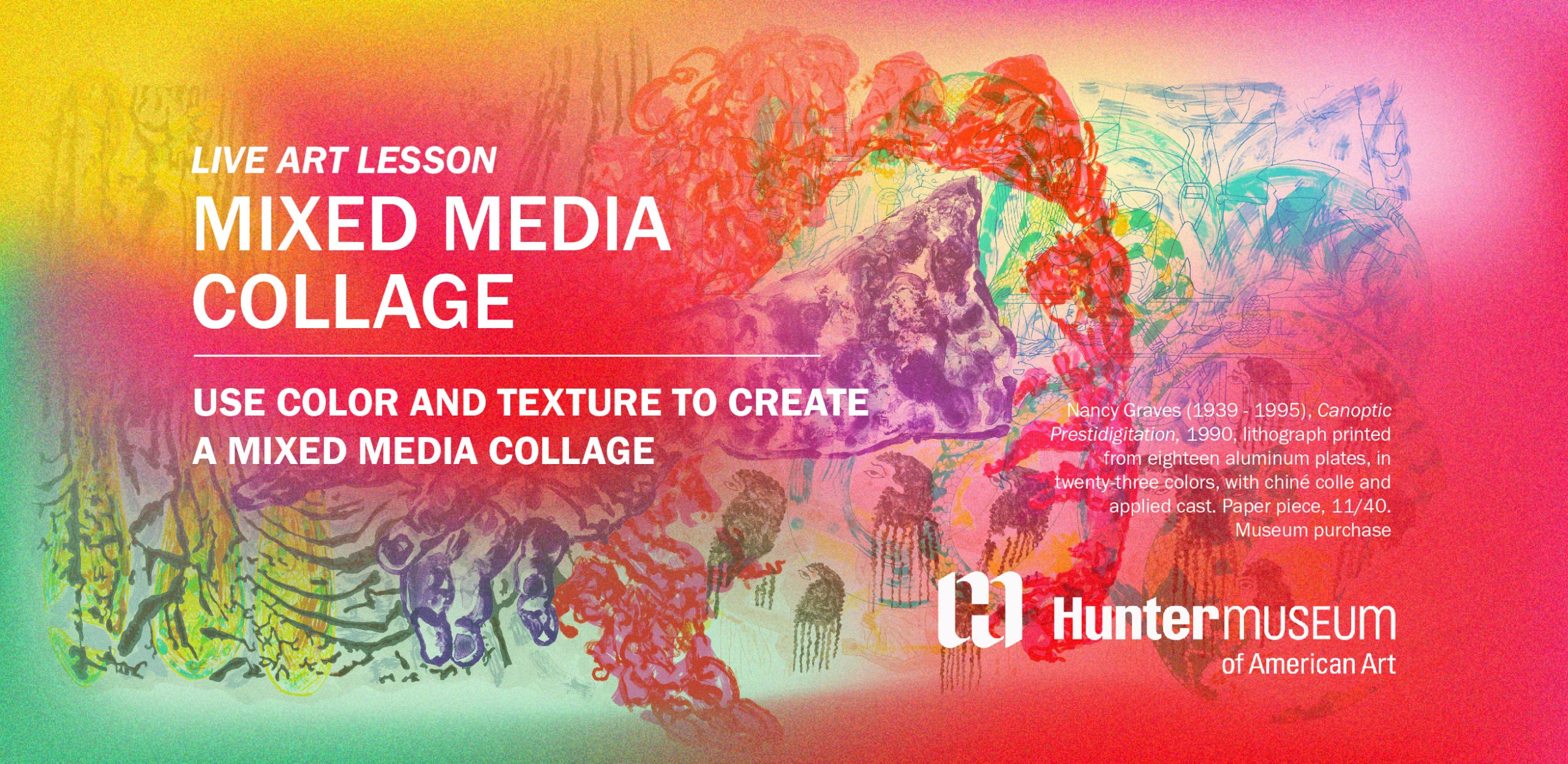 Background of colorful graphic designs. Text reads, "Use color and texture to create a mixed media collage."